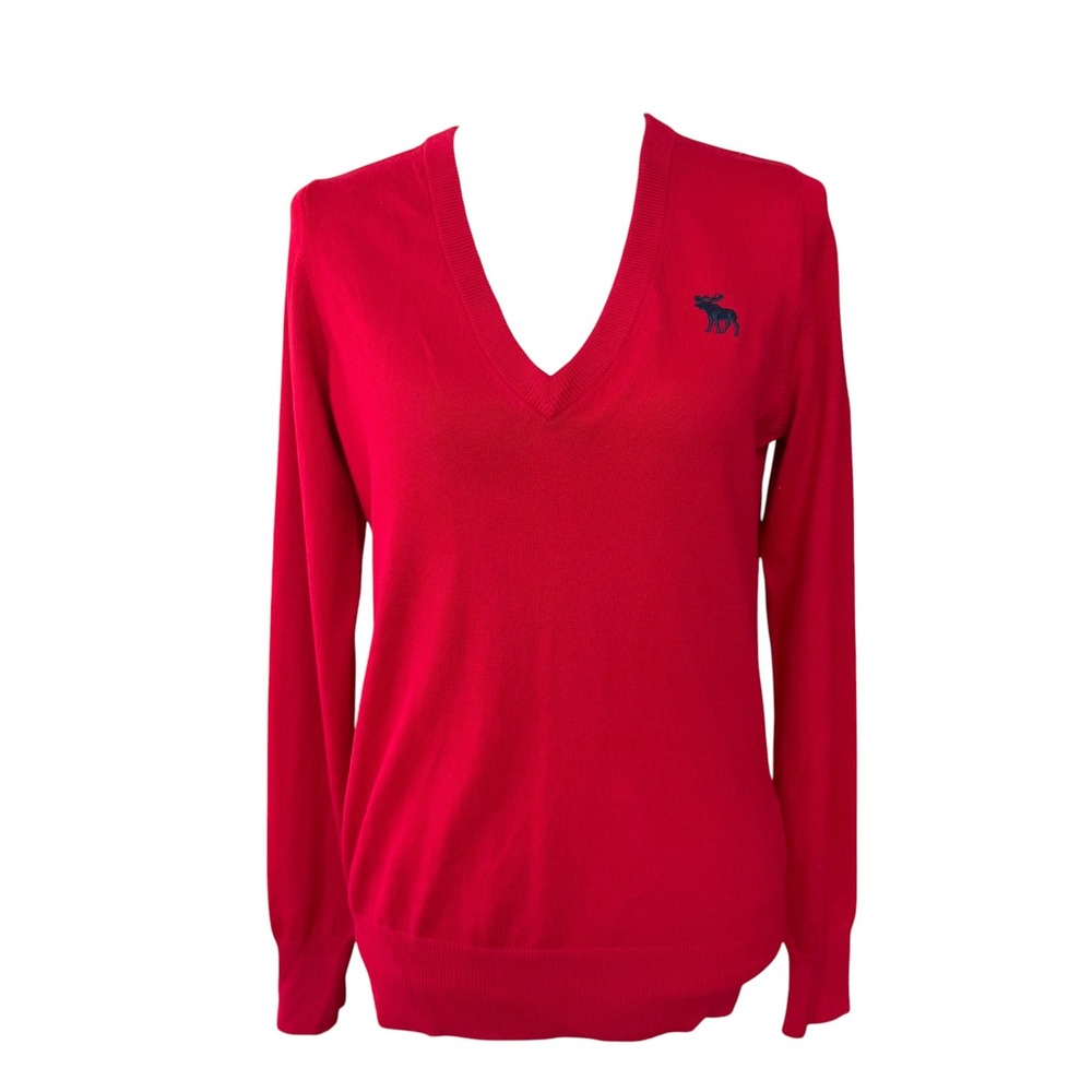 Abercrombie & Fitch Womens Red V-Neck Cashmere Blend Moose Logo Sweater M NEW